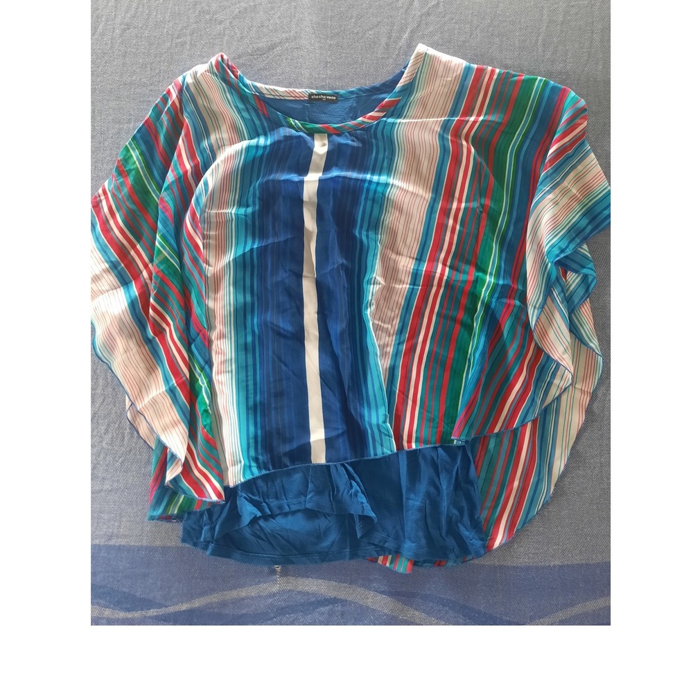 Cha Cha Vente Women 3X Striped Poncho Blouse Blue Red Green Flutter Sleeve Top